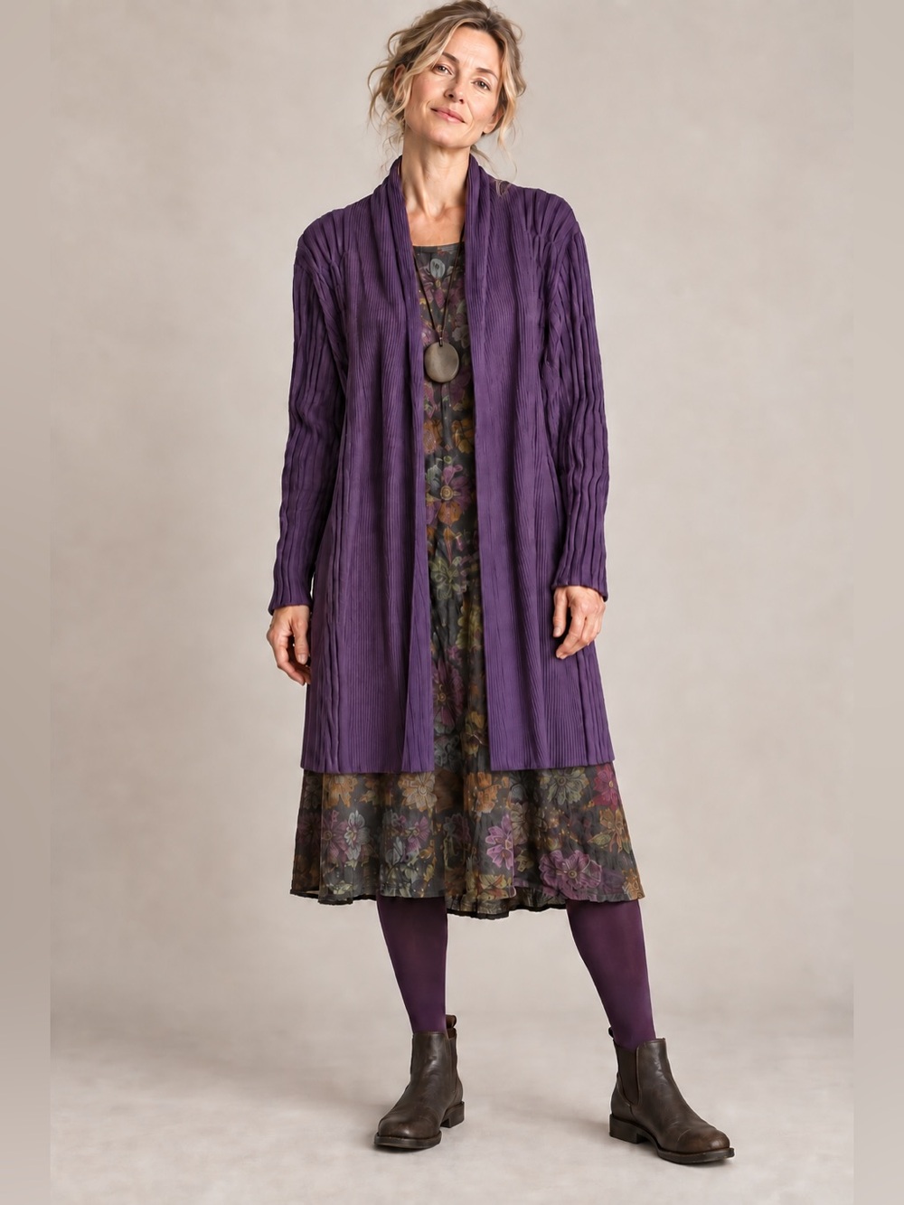 X—-Gudrun Sjödén Purple Linen Lyocell Longline Ribbed Cardigan Medium